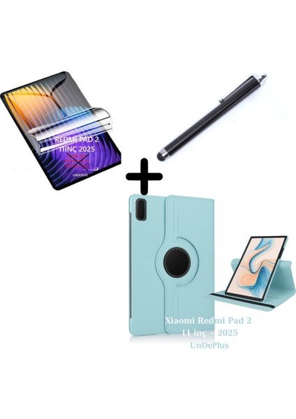 Xiaomi Redmi Pad 2 11INÇ 2025 Kılıf Dönen Tablet Kilifi Ekran Koruyucu+Kalem