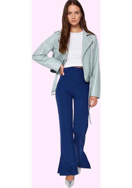 Kadın Interlok Örme Pantolon Yüksek Bel Ispanyol Paça Flare Günlük Yaz Aylarının Vazgeçilmezi