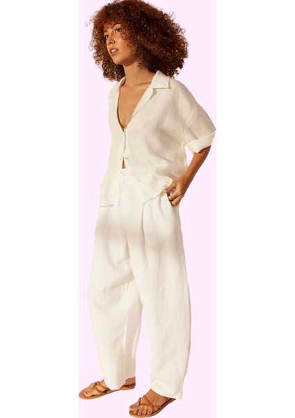 Kadın Yazlık Keten Pantolon Yüksek Bel Geniş Paça Casual Şıklık Yaz Aylarının Vazgeçilmezi