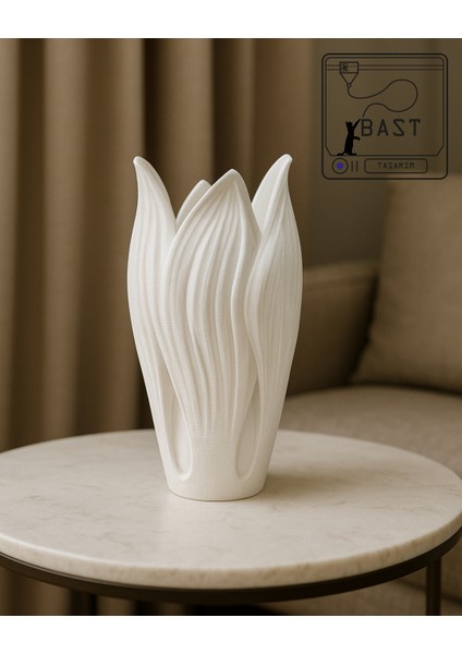 Bast Tasarım Nivora – 3D Yazıcı Üretimi Lale Formlu Beyaz Vazo (20 Cm, Modern Masa, Salon ve Ofis Dekorasyonu Için Zarif ve Estetik Dekoratif Aksesuar)