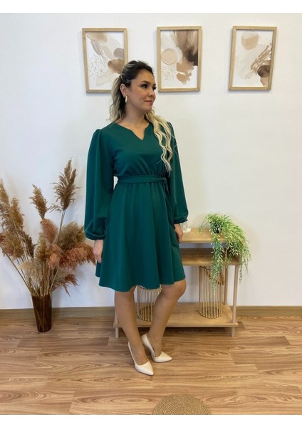 Kadın Uzun Kollu V Yakalı Belden Kuşaklı Kiloş Krep Elbise