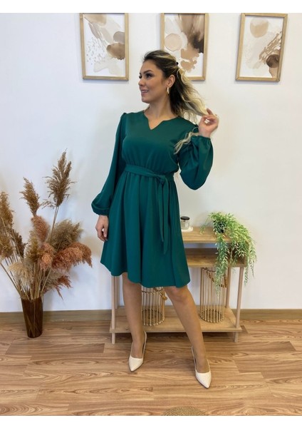 Kadın Uzun Kollu V Yakalı Belden Kuşaklı Kiloş Krep Elbise indirimleri