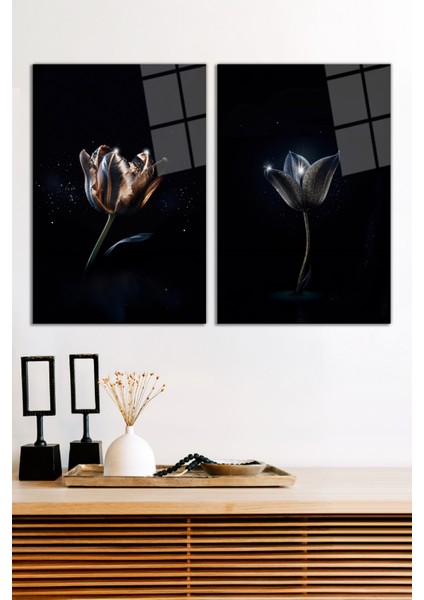 Pırıltılar Içinde Lotus Çiçeği 2'li Cam Tablo Seti, Modern Ev Dekoru, Hediyelik Duvar Dekorasyonu