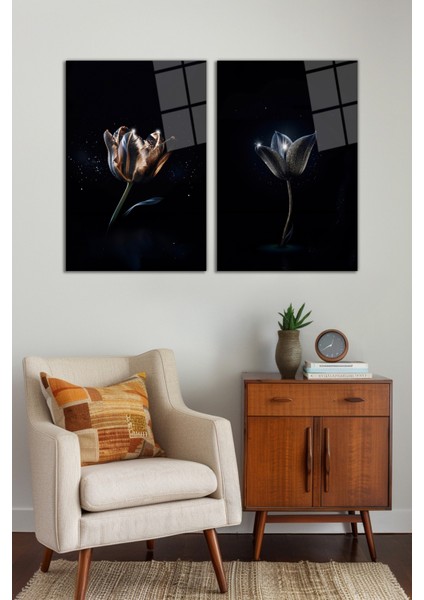 Pırıltılar Içinde Lotus Çiçeği 2'li Cam Tablo Seti, Modern Ev Dekoru, Hediyelik Duvar Dekorasyonu fiyatları