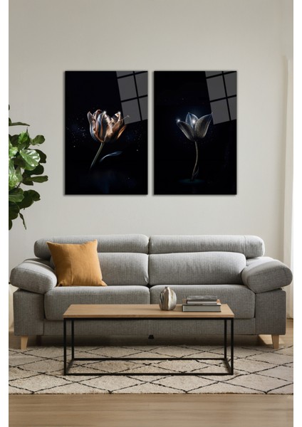 Pırıltılar Içinde Lotus Çiçeği 2'li Cam Tablo Seti, Modern Ev Dekoru, Hediyelik Duvar Dekorasyonu modelleri