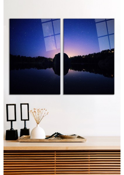 Gece Gökyüzündeki Samanyolu 2'li Cam Tablo Seti, Modern Ev Ofis Dekoru, Hediyelik Duvar Dekorasyonu