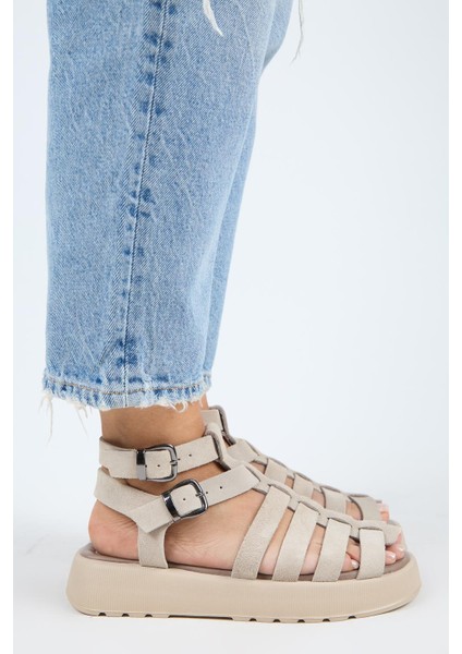 Benia Kadın Hakiki Deri Kafesli Sandalet Bej Sandalet