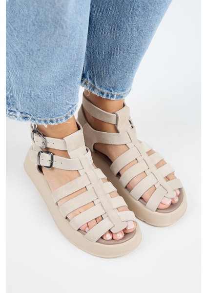 Benia Kadın Hakiki Deri Kafesli Sandalet Bej Sandalet fiyatları