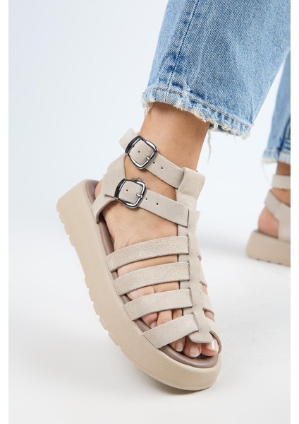 Benia Kadın Hakiki Deri Kafesli Sandalet Bej Sandalet fırsatları