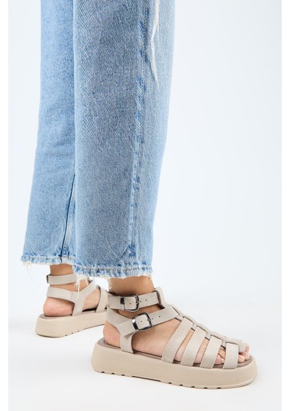 Benia Kadın Hakiki Deri Kafesli Sandalet Bej Sandalet