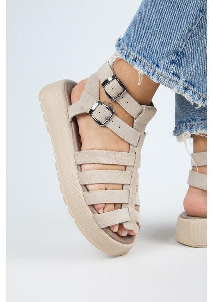 Benia Kadın Hakiki Deri Kafesli Sandalet Bej Sandalet