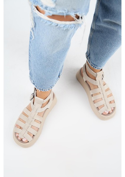 Benia Kadın Hakiki Deri Kafesli Sandalet Bej Sandalet