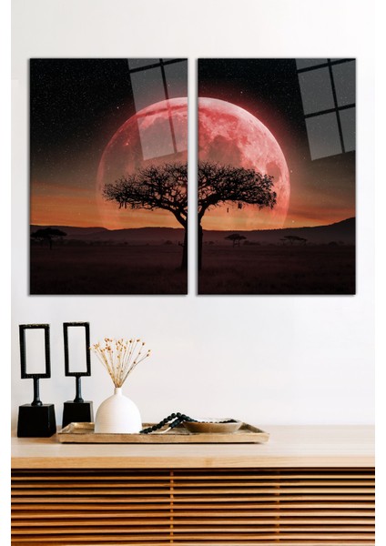 Kızıl Gökyüzü Dolunay ve Ağaç 2'li Cam Tablo Seti, Modern Ev Ofis Dekor Hediyelik Duvar Dekorasyonu