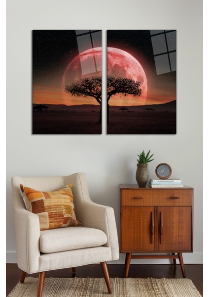 Kızıl Gökyüzü Dolunay ve Ağaç 2'li Cam Tablo Seti, Modern Ev Ofis Dekor Hediyelik Duvar Dekorasyonu fiyatları