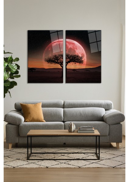 Kızıl Gökyüzü Dolunay ve Ağaç 2'li Cam Tablo Seti, Modern Ev Ofis Dekor Hediyelik Duvar Dekorasyonu modelleri