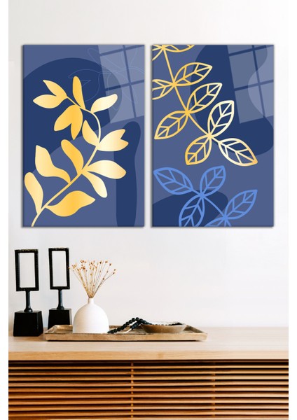 Mavi Temalı Gold Yapraklar 2'li Cam Tablo Seti, Modern Ev ve Ofis Dekoru Hediyelik Duvar Dekorasyonu