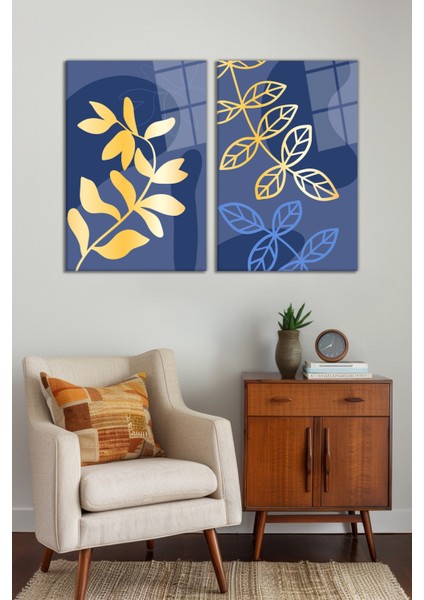 Mavi Temalı Gold Yapraklar 2'li Cam Tablo Seti, Modern Ev ve Ofis Dekoru Hediyelik Duvar Dekorasyonu fiyatları