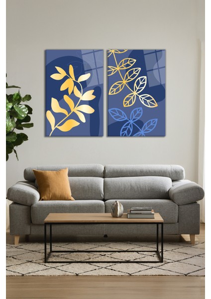 Mavi Temalı Gold Yapraklar 2'li Cam Tablo Seti, Modern Ev ve Ofis Dekoru Hediyelik Duvar Dekorasyonu modelleri
