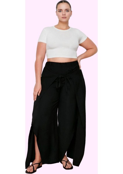 Kadın Düz Desen Regular Boy Aerobin Dokuma Geniş Paça Pantolon Günlük Kullanım Özel Günler