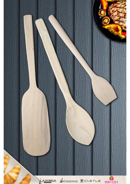 Doğal Şimşir Ağacı Ahşap Tahta Kaşık Spatula Seti Ağaç Kaşık (3lü Set)