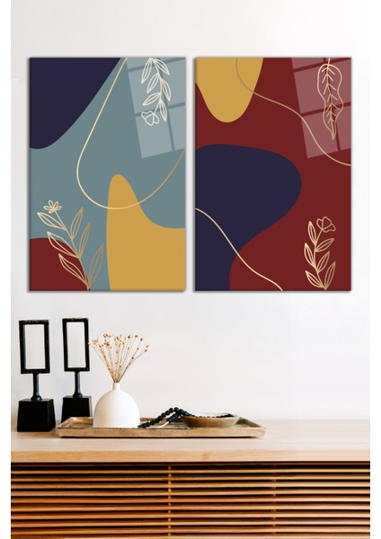 Soyut Minimal Çiçekli 2'li Cam Tablo Seti, Modern Ev ve Ofis Dekoru, Hediyelik Duvar Dekorasyonu
