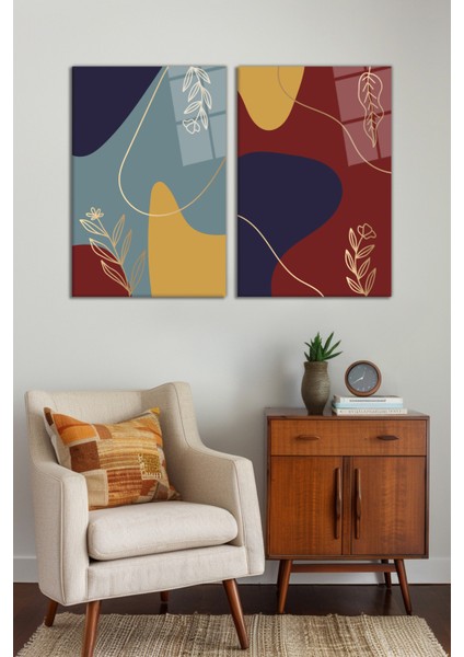 Soyut Minimal Çiçekli 2'li Cam Tablo Seti, Modern Ev ve Ofis Dekoru, Hediyelik Duvar Dekorasyonu fiyatları