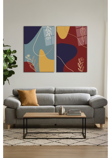 Soyut Minimal Çiçekli 2'li Cam Tablo Seti, Modern Ev ve Ofis Dekoru, Hediyelik Duvar Dekorasyonu modelleri