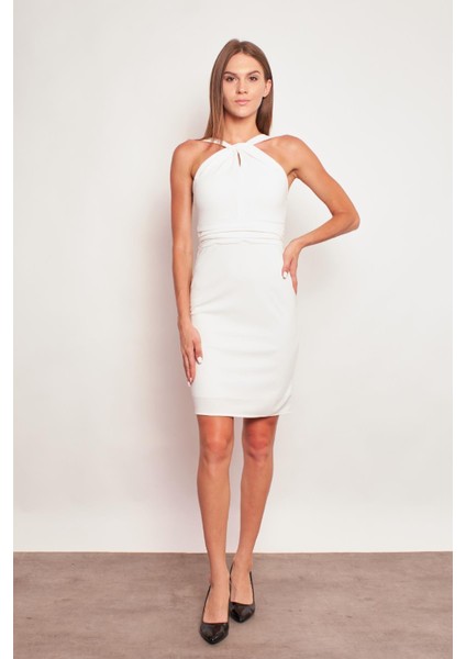 Likralı Krep Kumaş Önü Büzgülü Boyundan Askılı Abiye Şık Elbise-Krem fiyatları