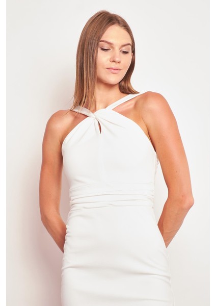 Likralı Krep Kumaş Önü Büzgülü Boyundan Askılı Abiye Şık Elbise-Krem fırsatları