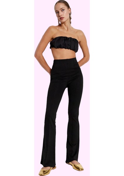 Kadın Nervürlü Düz Desen Flare Pantolon Yüksek Bel Günlük Kullanım Için Yaz Aylarının Vazgeçilmezi