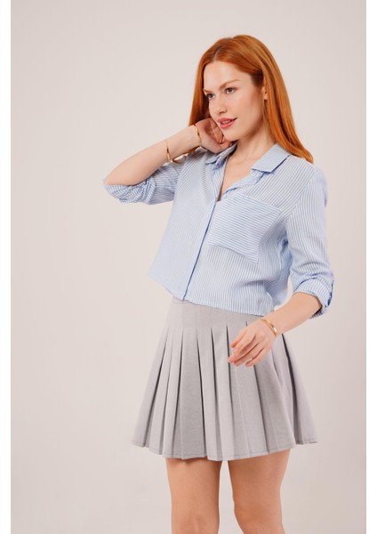 Tek Cep Çizgili Mavi Kısa Gömlek modelleri