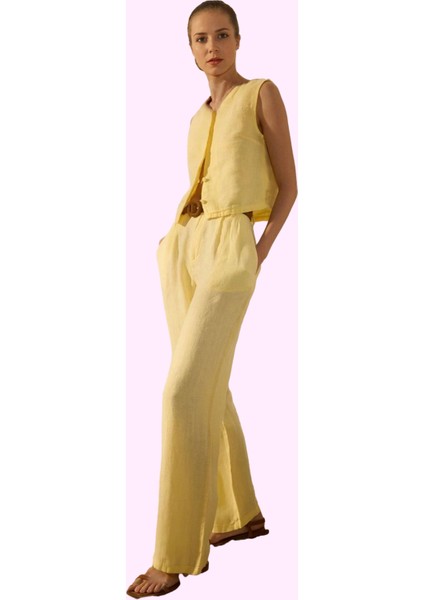 Kadın Keten Pantolon; Renk Yüksek Bel Wide Leg Dokuma Kumaş Günlük Stil Yaz Aylarının Vazgeçilmezi