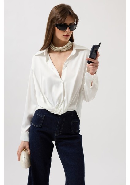 Bel Büzgülü Crop Saten Gömlek