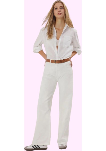 Kadın Pamuk Denim Yazlık Geniş Paça Pantolon; Yüksek Bel Rahat Günlük Stil Kaliteli Malzeme