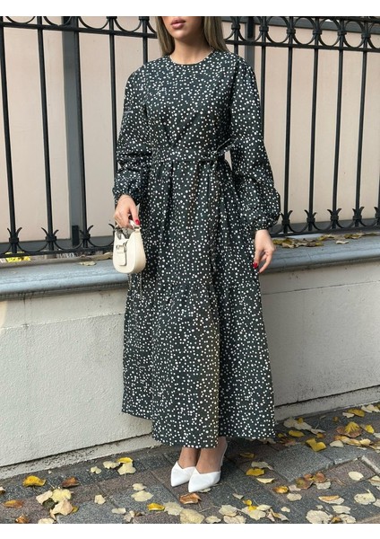 Kadın Uzun Kollu Bisiklet Yaka Papatya Desen Kuşak Dahil Maxi Boy Elbise fiyatları