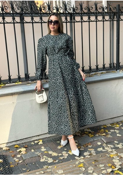 Kadın Uzun Kollu Bisiklet Yaka Papatya Desen Kuşak Dahil Maxi Boy Elbise fırsatları