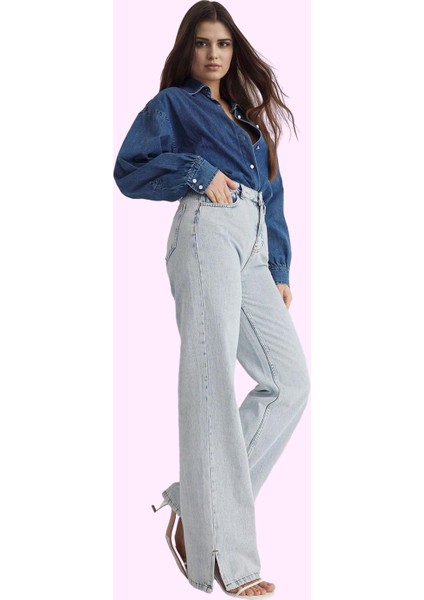 Kadın Denim Yüksek Bel Wide Leg Pantolon Pamuk Günlük ve Iş Hayatı Yaz Aylarının Vazgeçilmezi