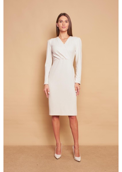 Kruvaze Anvelop Uzun Kol Hafif Likralı Triko Elbise-Şampanya