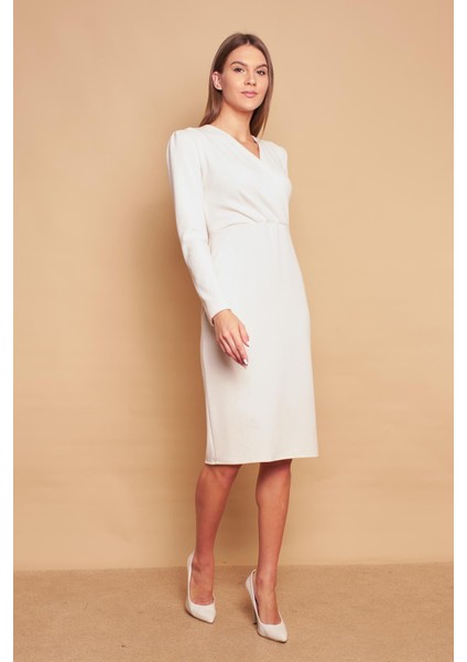 Kruvaze Anvelop Uzun Kol Hafif Likralı Triko Elbise-Şampanya fiyatları