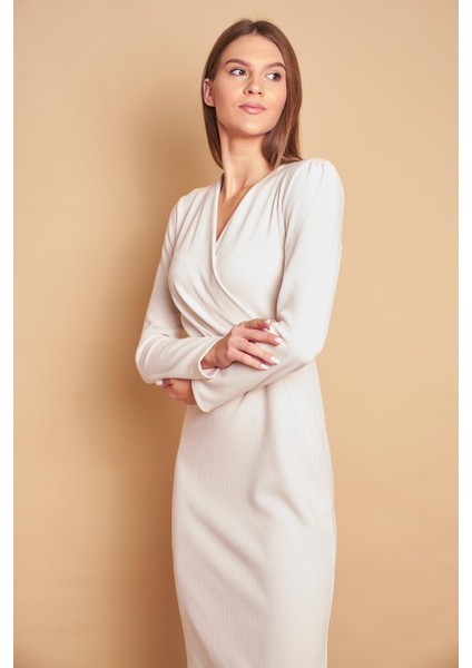 Kruvaze Anvelop Uzun Kol Hafif Likralı Triko Elbise-Şampanya modelleri