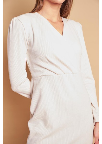 Kruvaze Anvelop Uzun Kol Hafif Likralı Triko Elbise-Şampanya fırsatları