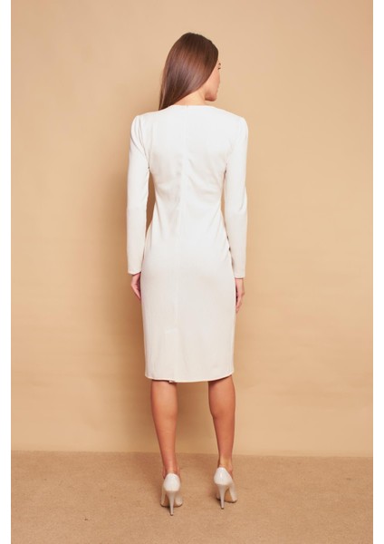 Kruvaze Anvelop Uzun Kol Hafif Likralı Triko Elbise-Şampanya indirimleri