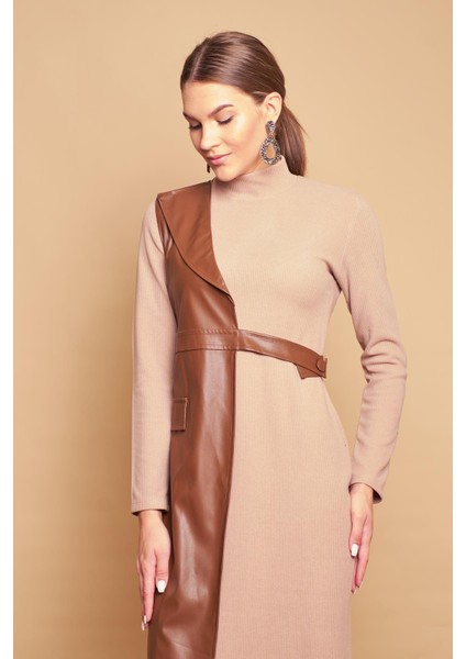 Deri Detaylı Yarım Balıkçı Yelekli Likralı Triko Diz Altı Elbise(Derisi Kısmı Çıkabilir)-Taba fırsatları