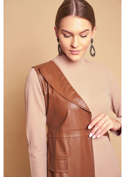 Deri Detaylı Yarım Balıkçı Yelekli Likralı Triko Diz Altı Elbise(Derisi Kısmı Çıkabilir)-Taba indirimleri