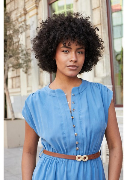 Kadın Yumuşak Dokulu Ipeksi Modal Kumaş Hakim Yaka Beli Lastikli Önü Düğmeli Diz Altı Elbise-Indigo indirimleri