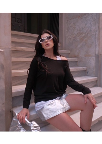 Kadın Uzun Kollu Tek Omuzu Açık Salaş Çilek Iç Atlet Viskon Bluz
