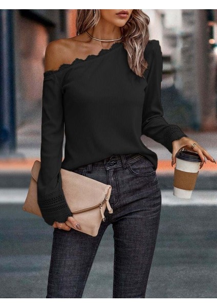 Kadın Uzun Kollu Tek Omuzu Açık Dantelli Burgu Bluz fiyatları