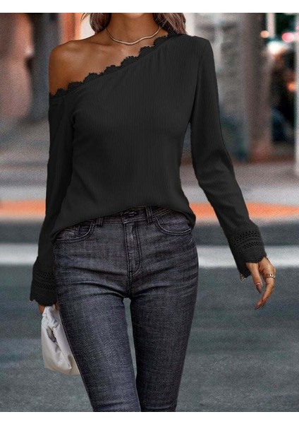 Kadın Uzun Kollu Tek Omuzu Açık Dantelli Burgu Bluz fırsatları