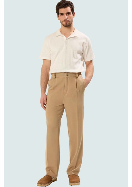 Erkek Normal Bel Geniş Paça Pantolon Rahat Kalıp Finike Dokuma Casual Stil Günlük Kullanım