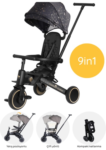 9in1 Hawk Çift Yönlü Katlanabilir Yatabilir Ayak Destekli Üç Tekerlekli Bebek ve Çocuk Bisikleti Premium Gold
